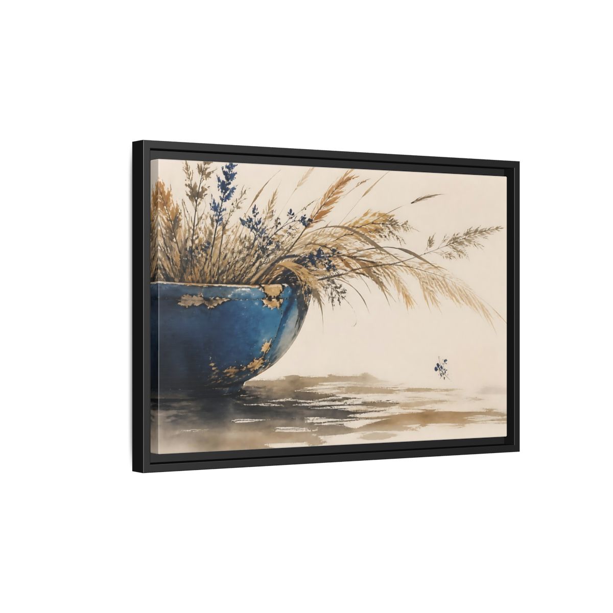Side Mockup 3. Chipped Blue Bowl With Grasses shown as framed canvas print