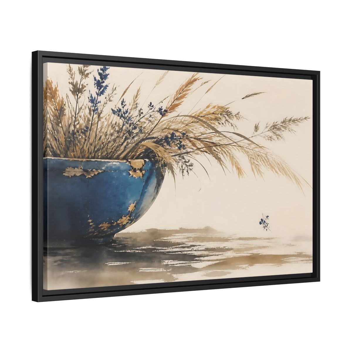Side Mockup 14. Chipped Blue Bowl With Grasses shown as framed canvas print