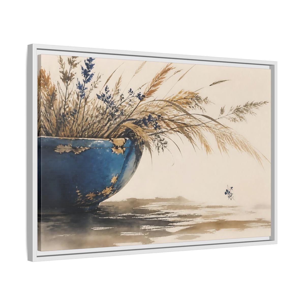Side Mockup 10. Chipped Blue Bowl With Grasses shown as framed canvas print