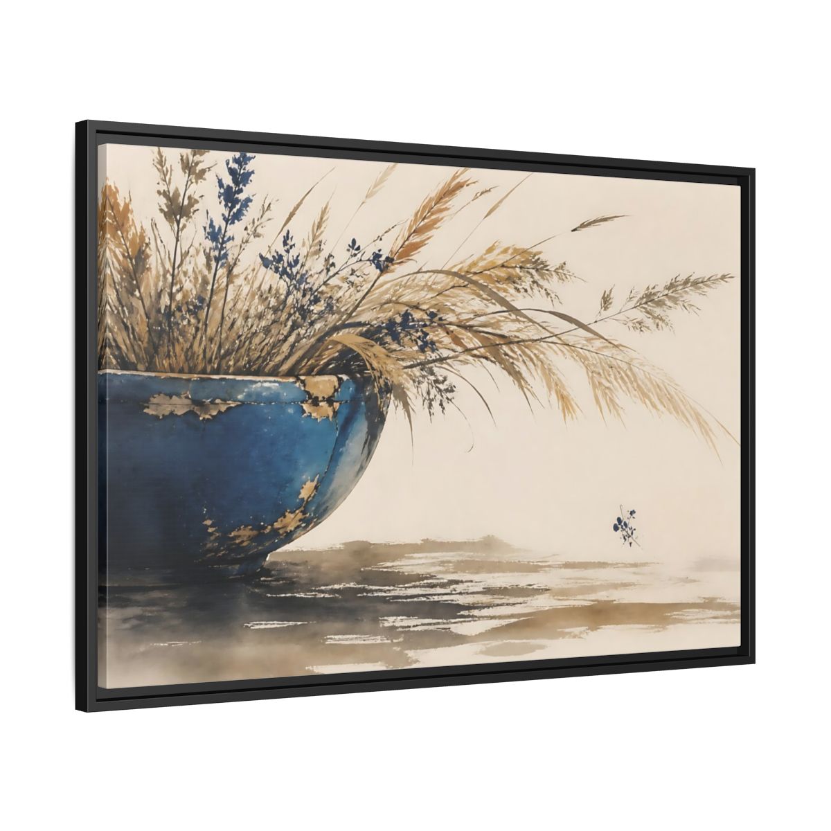 Side Mockup 13. Chipped Blue Bowl With Grasses shown as framed canvas print