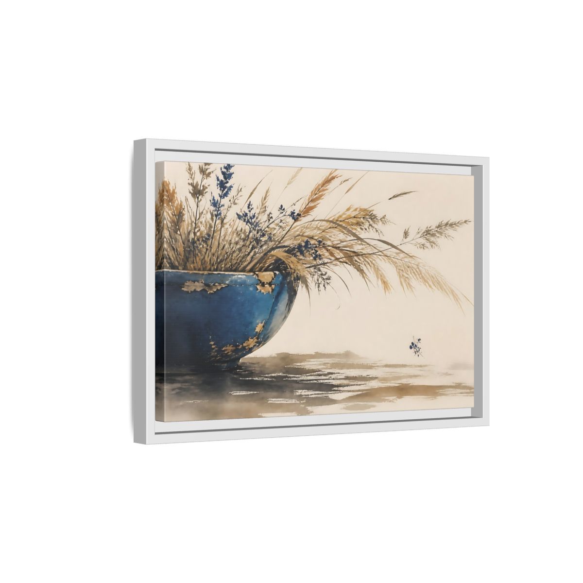 Side Mockup 4. Chipped Blue Bowl With Grasses shown as framed canvas print