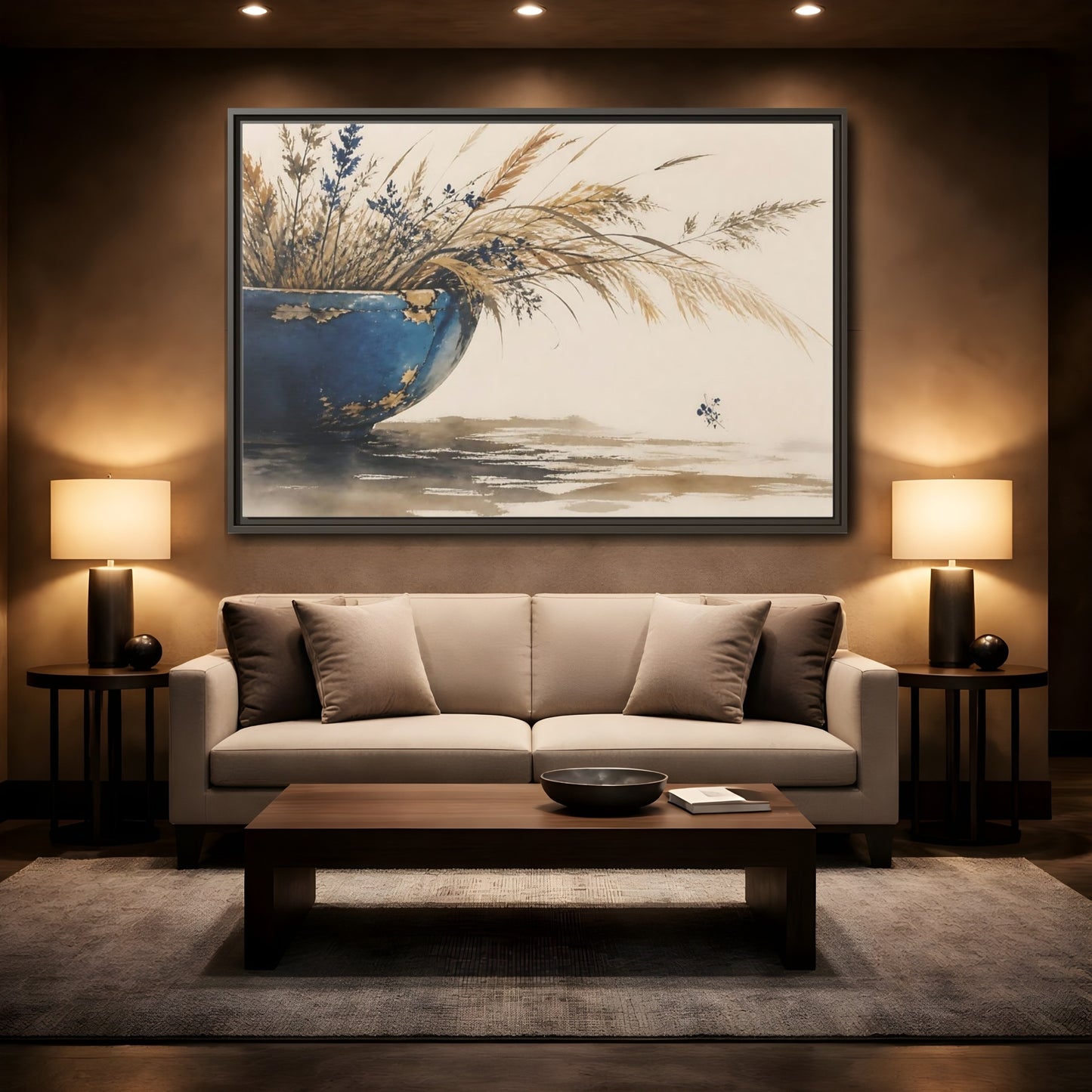 Mockup 2. Chipped Blue Bowl With Grasses shown as framed canvas print