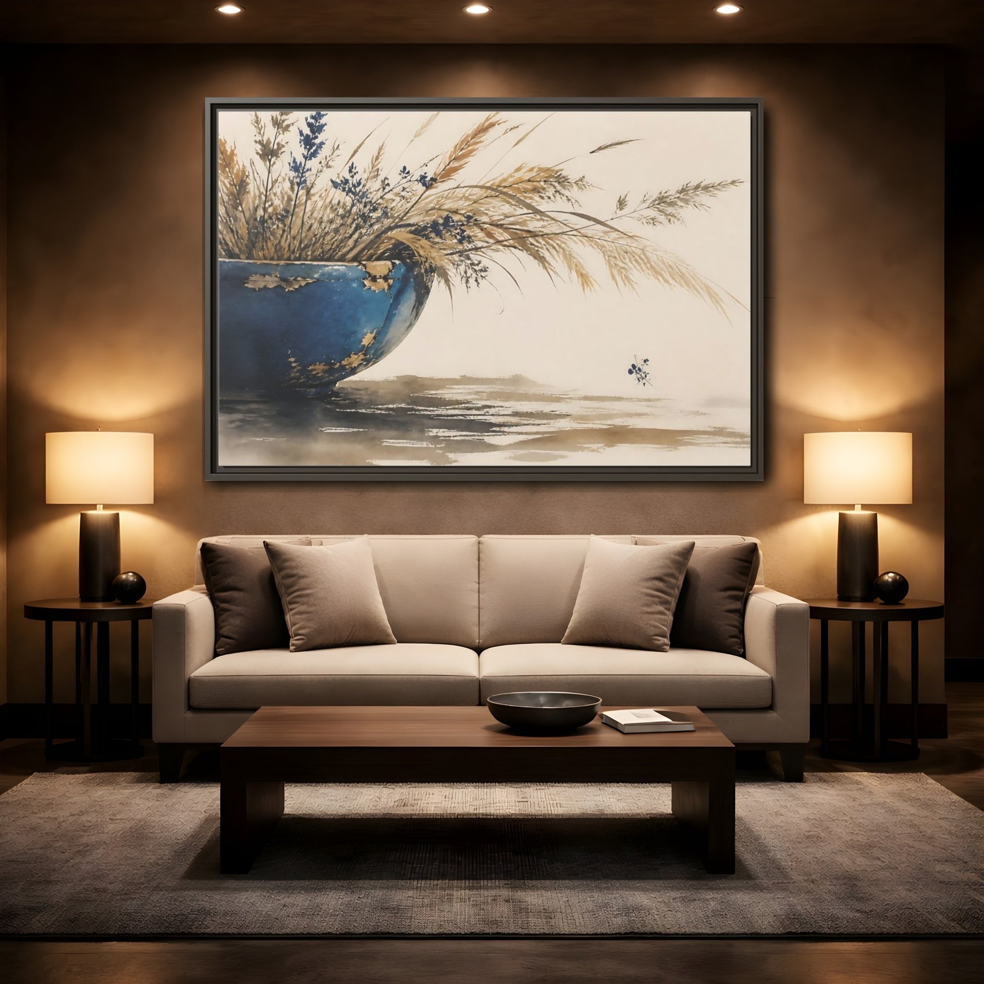 Mockup 2. Chipped Blue Bowl With Grasses shown as framed canvas print