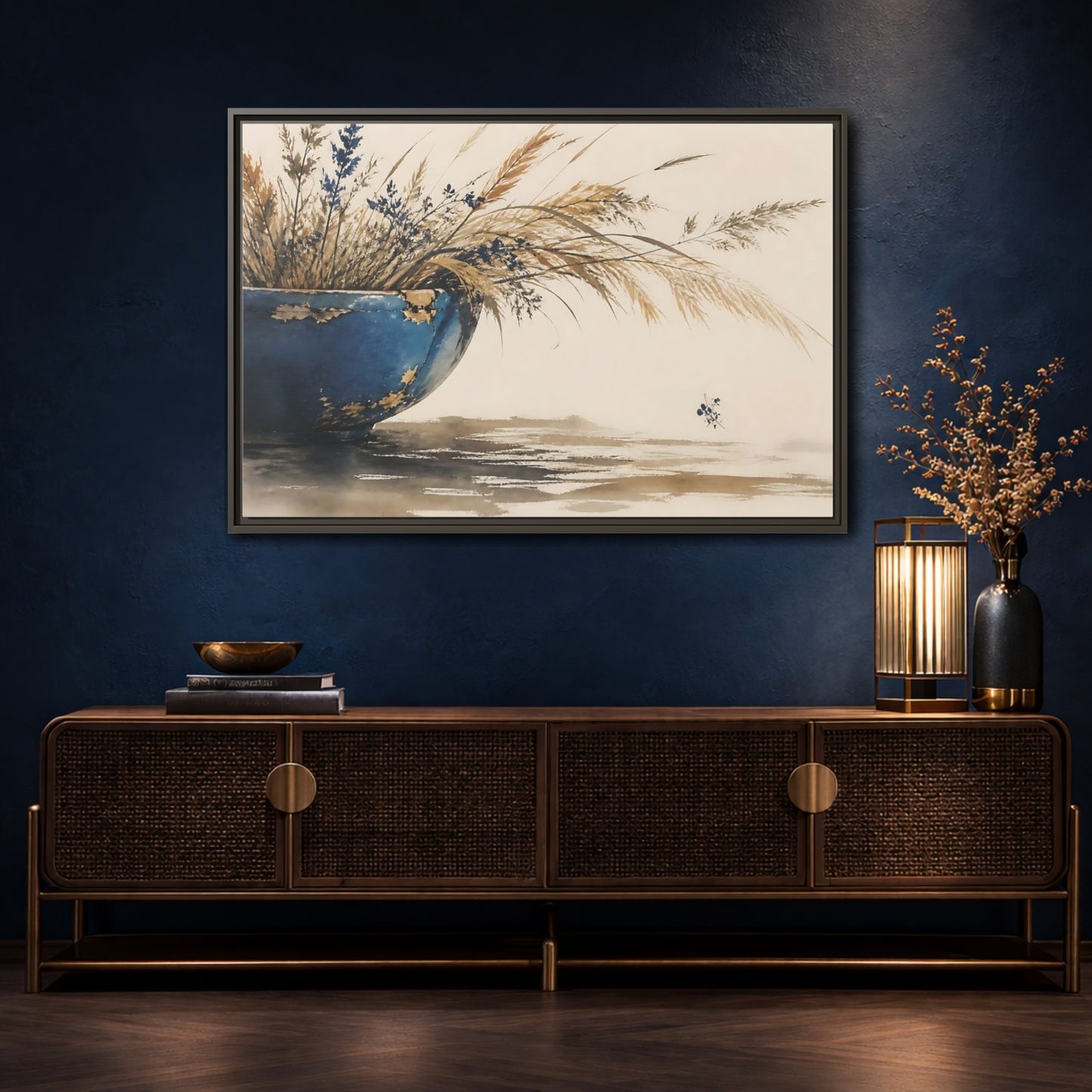 Mockup 4. Chipped Blue Bowl With Grasses shown as framed canvas print
