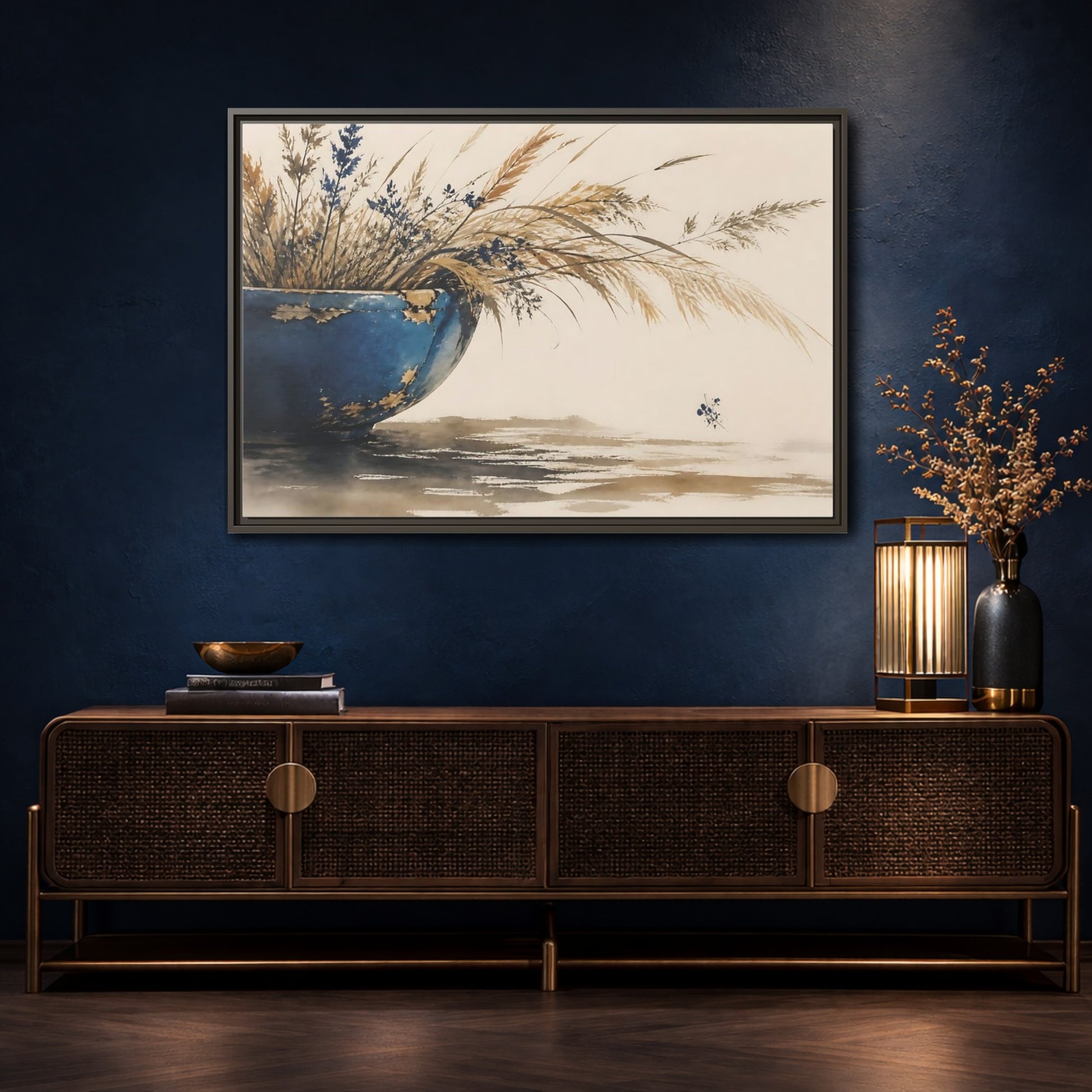 Mockup 4. Chipped Blue Bowl With Grasses shown as framed canvas print