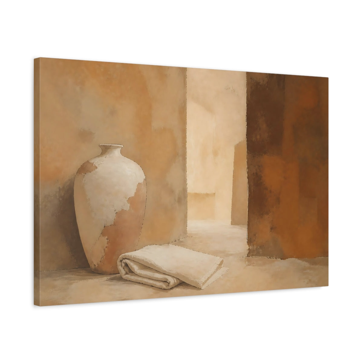 Side Mockup 2. Chipped Vase And Towel shown as canvas print