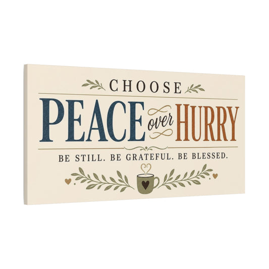 Main Mockup. Choose Peace Over Hurry shown as canvas print