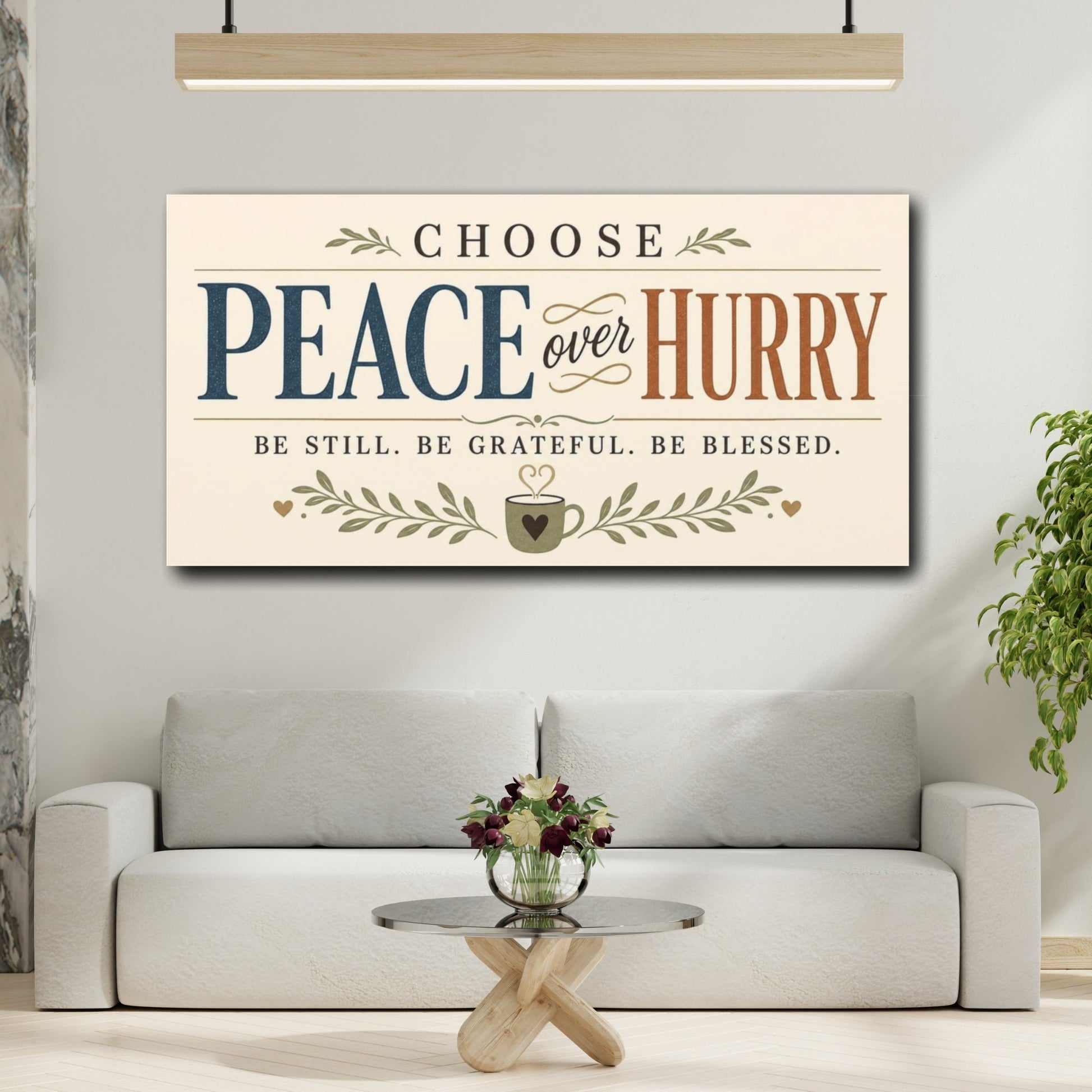 Mockup 2. Choose Peace Over Hurry shown as canvas print