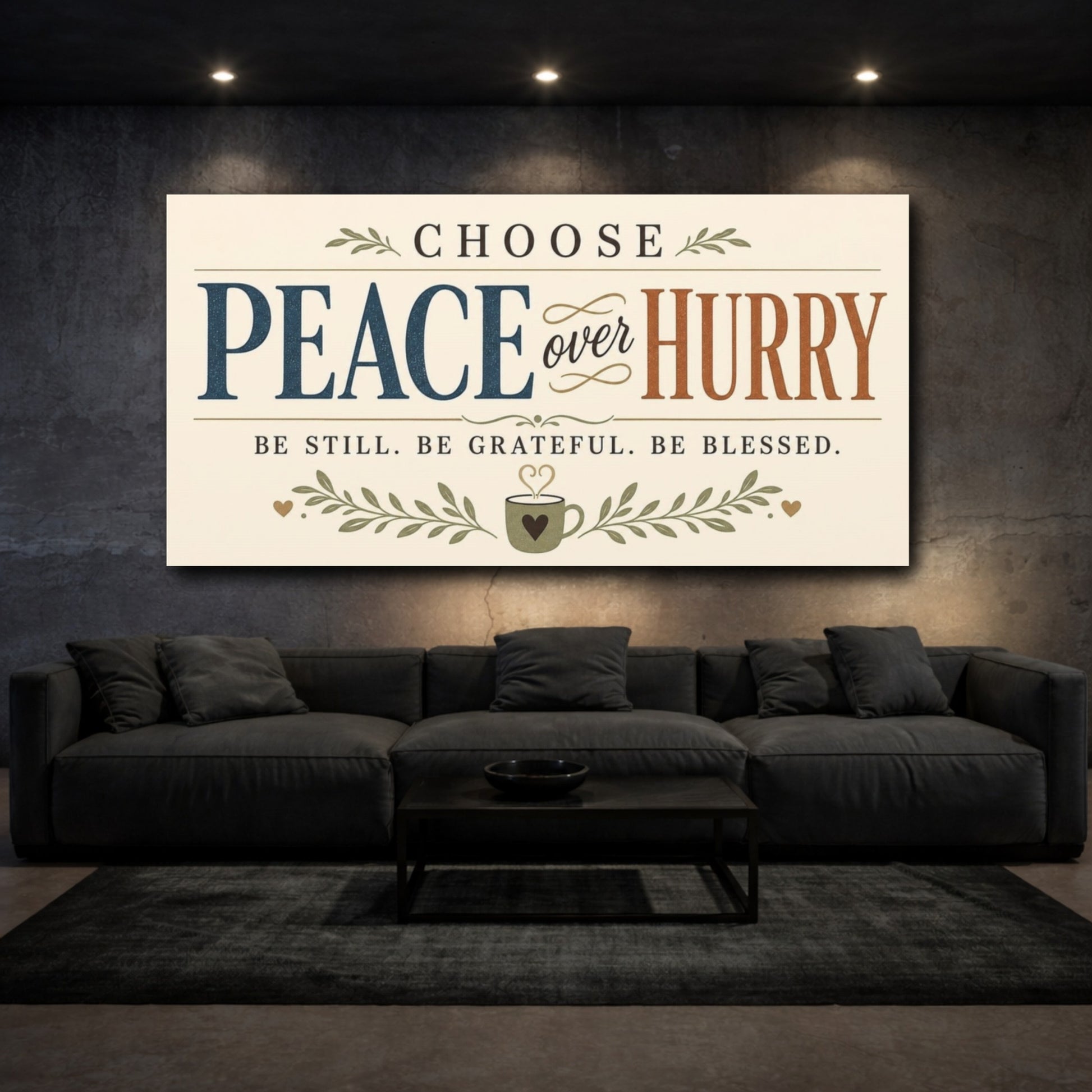Mockup 3. Choose Peace Over Hurry shown as canvas print