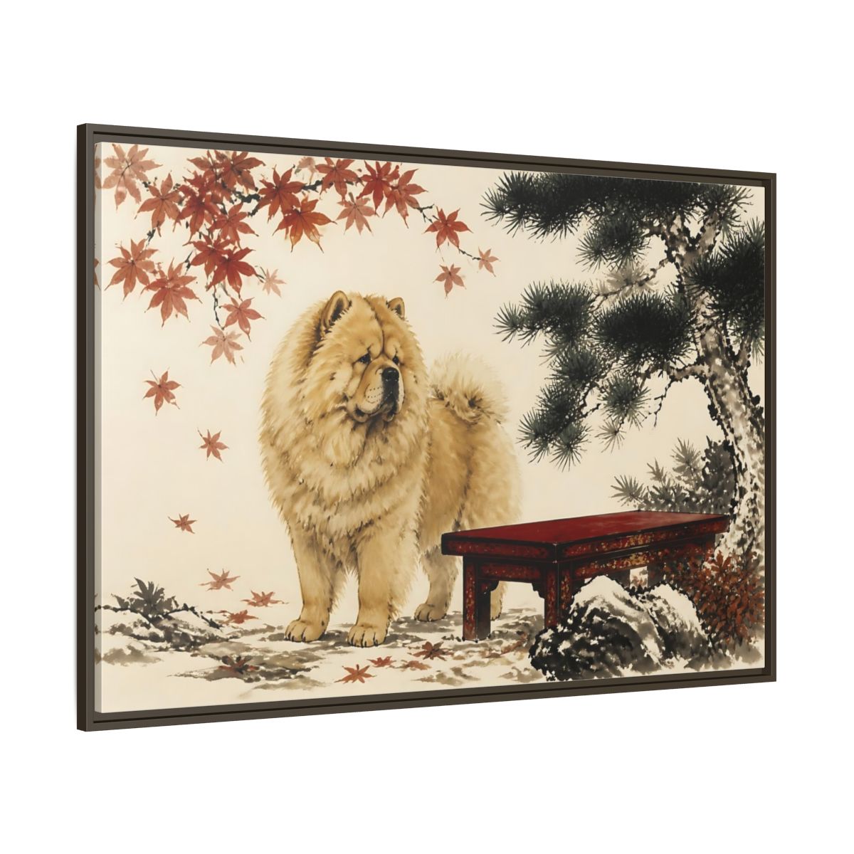 Side Mockup 8. Chow Chow In Autumn shown as framed canvas print