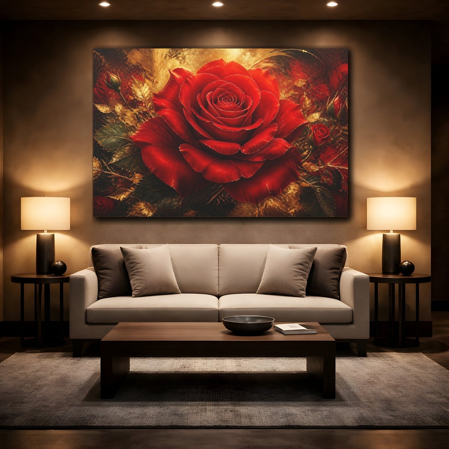 Mockup 2. Cinematic Crimson Rose shown as canvas print