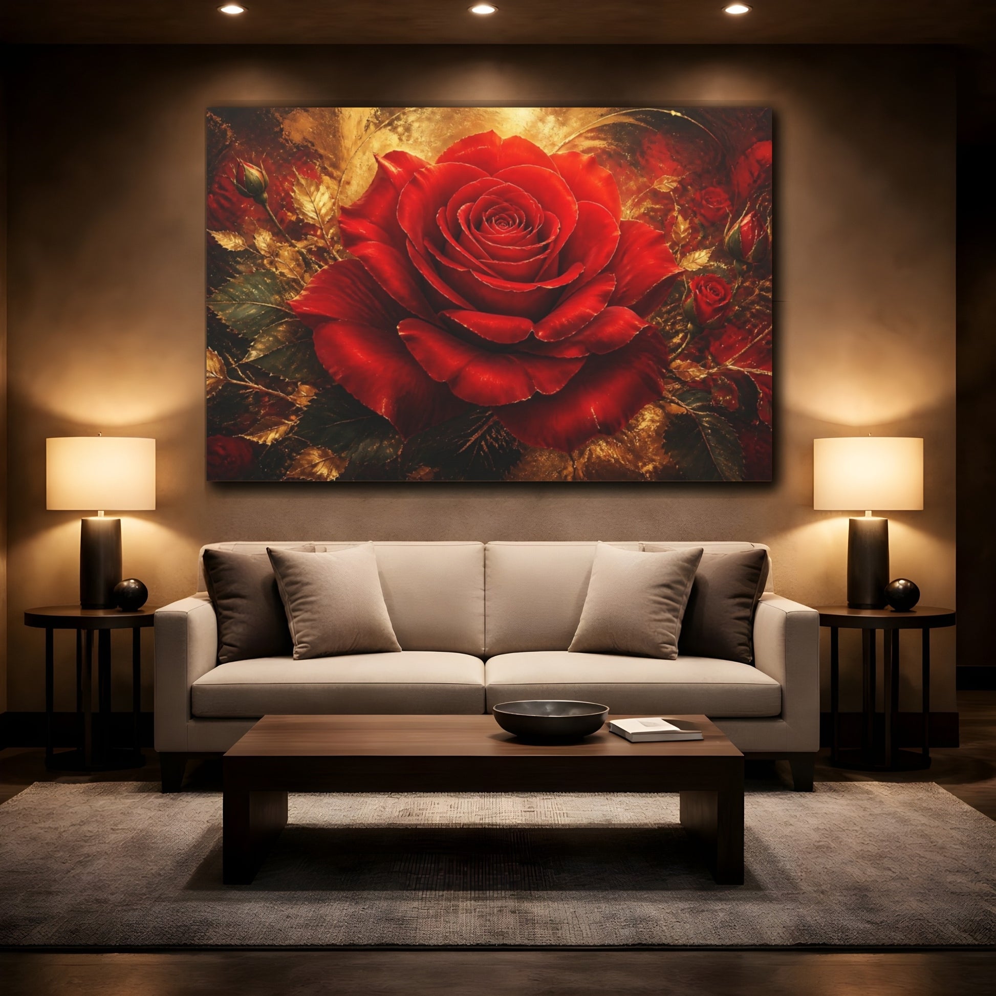 Mockup 2. Cinematic Crimson Rose shown as canvas print