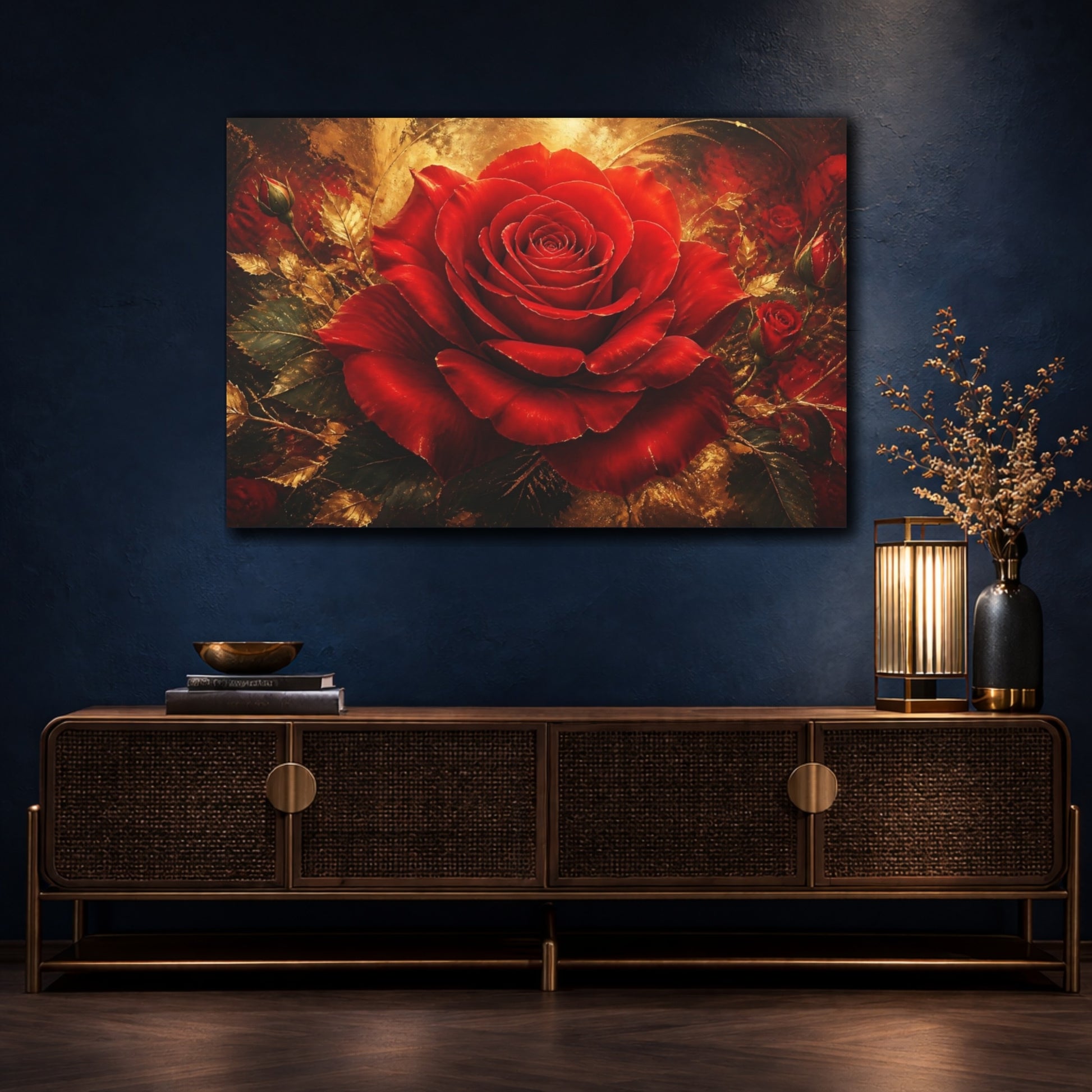 Mockup 4. Cinematic Crimson Rose shown as canvas print