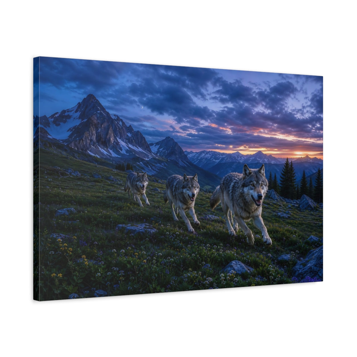 Side Mockup 2. Cinematic Landscape Artwork Alpine Meadow Around Running Wolves After Blue Dusk shown as stretched canvas wall art