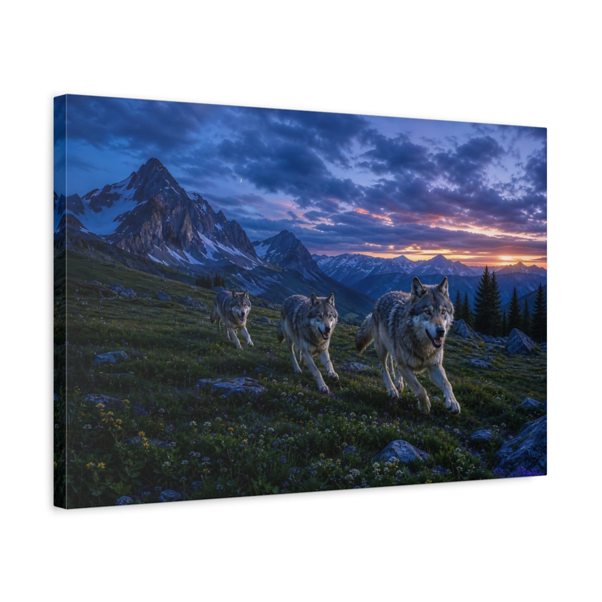 Side Mockup 3. Cinematic Landscape Artwork Alpine Meadow Around Running Wolves After Blue Dusk shown as stretched canvas wall art