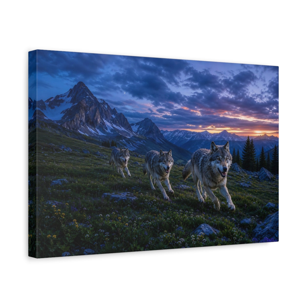 Side Mockup 4. Cinematic Landscape Artwork Alpine Meadow Around Running Wolves After Blue Dusk shown as stretched canvas wall art