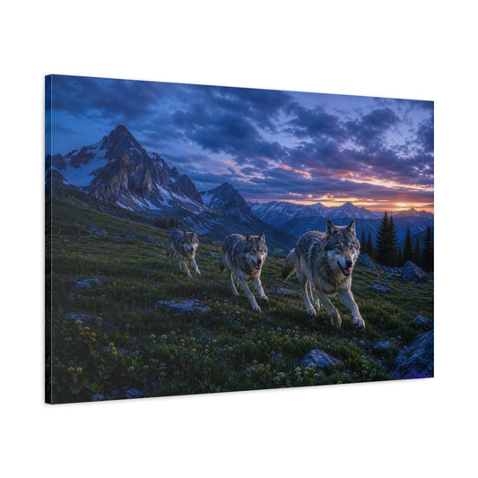 Main Mockup. Cinematic Landscape Artwork Alpine Meadow Around Running Wolves After Blue Dusk shown as stretched canvas wall art