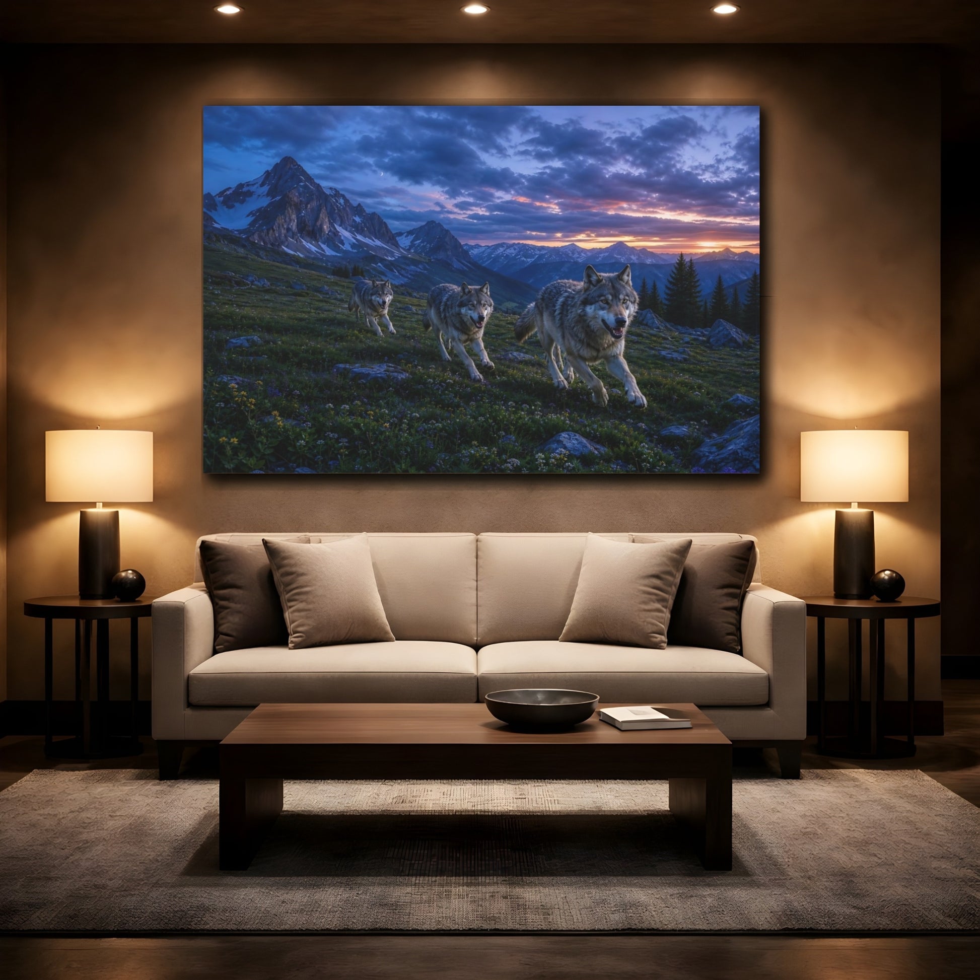 Mockup 2. Cinematic Landscape Artwork Alpine Meadow Around Running Wolves After Blue Dusk shown as stretched canvas wall art