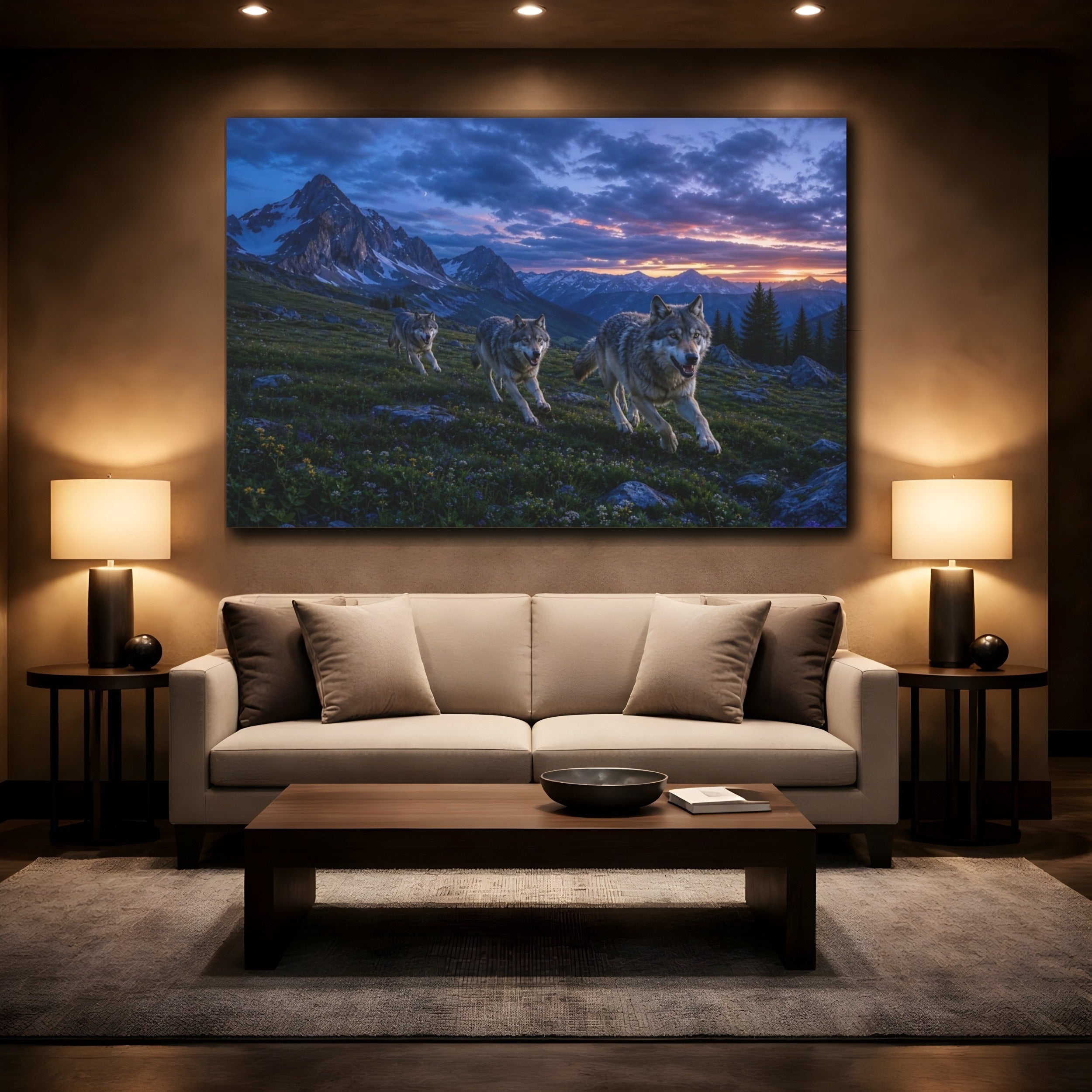Mockup 2. Cinematic Landscape Artwork Alpine Meadow Around Running Wolves After Blue Dusk shown as stretched canvas wall art
