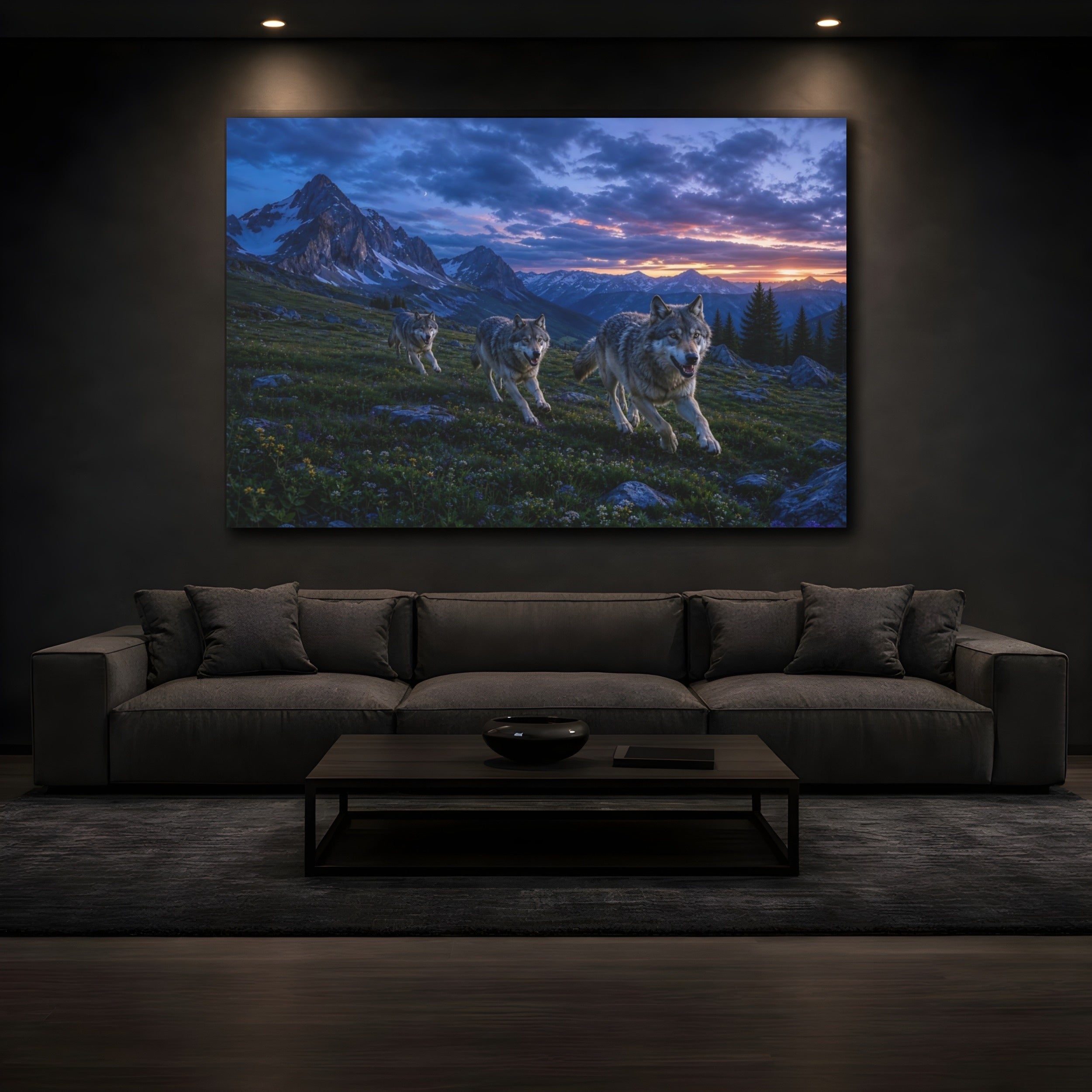 Mockup 3. Cinematic Landscape Artwork Alpine Meadow Around Running Wolves After Blue Dusk shown as stretched canvas wall art