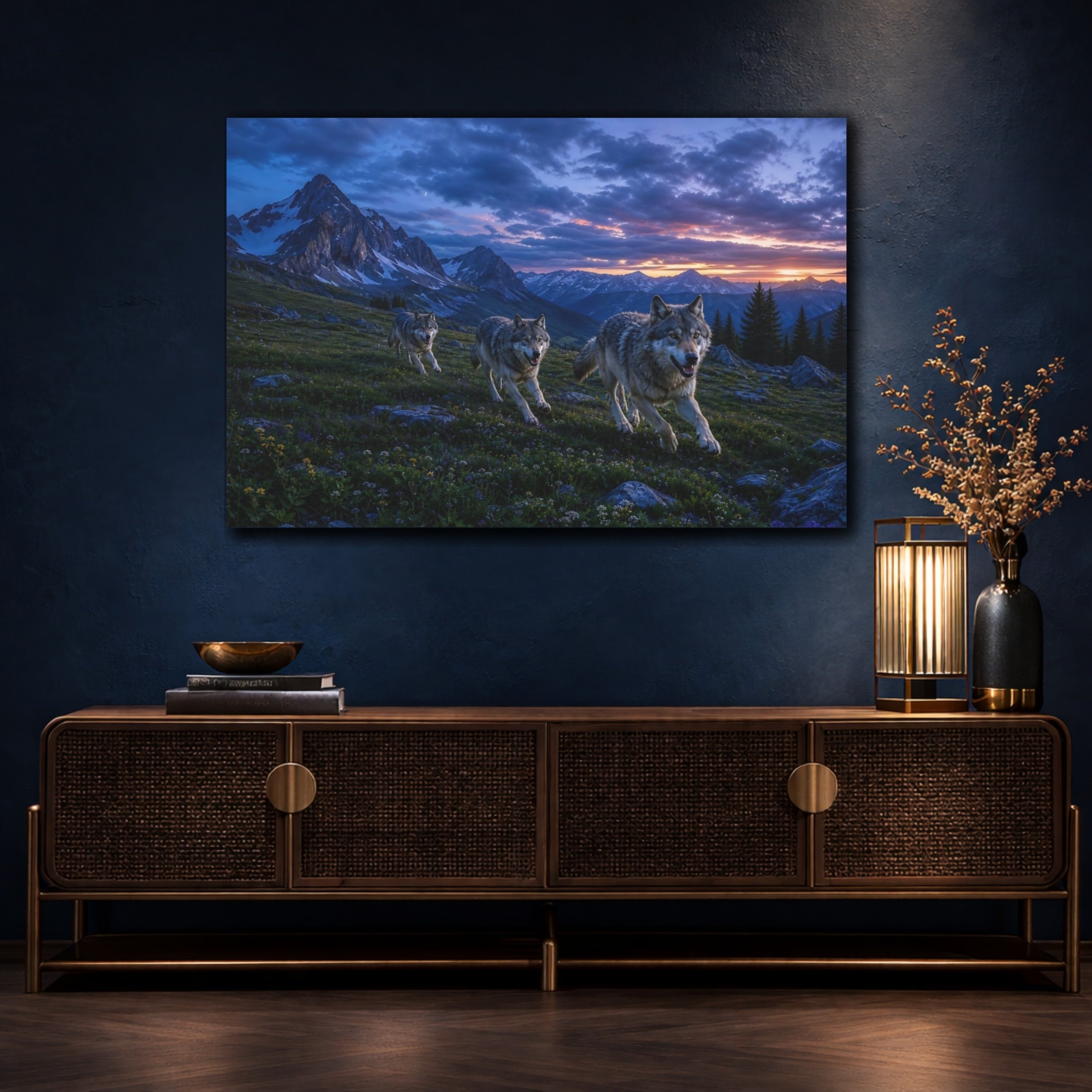 Mockup 4. Cinematic Landscape Artwork Alpine Meadow Around Running Wolves After Blue Dusk shown as stretched canvas wall art