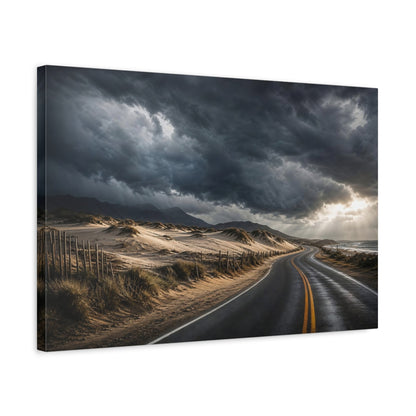 Side Mockup 3. Cinematic Landscape Artwork Old Road Near Sand Dunes In Storm Clouds shown as stretched canvas wall art