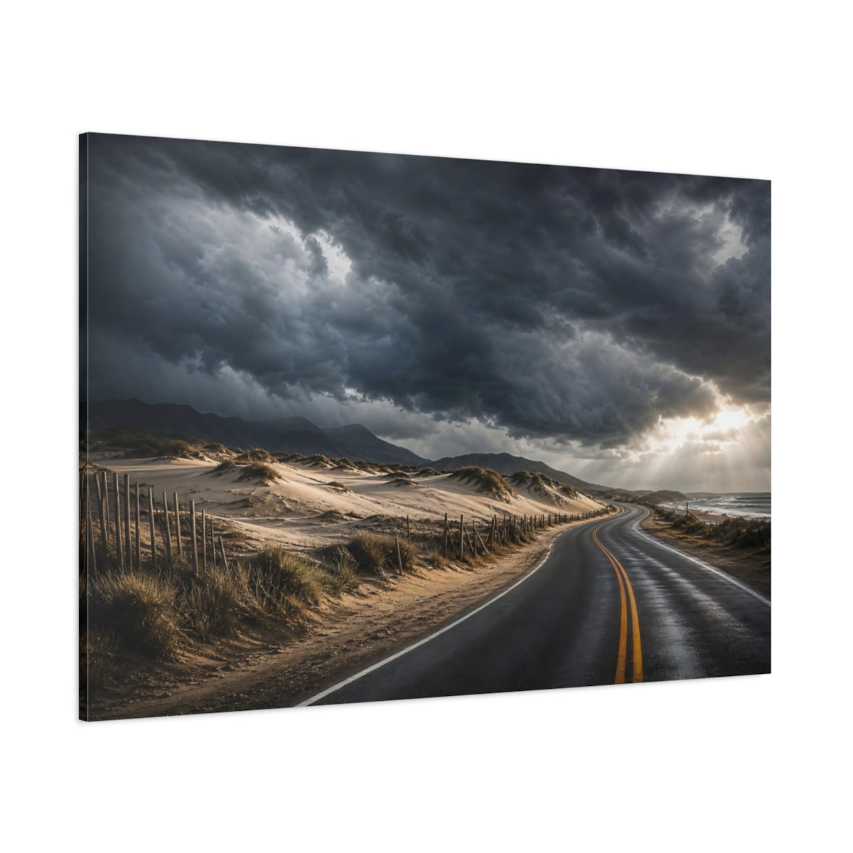 Side Mockup 1. Cinematic Landscape Artwork Old Road Near Sand Dunes In Storm Clouds shown as stretched canvas wall art