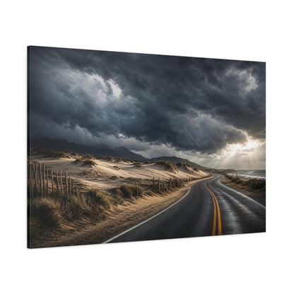 Side Mockup 1. Cinematic Landscape Artwork Old Road Near Sand Dunes In Storm Clouds shown as stretched canvas wall art