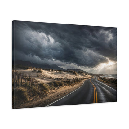 Side Mockup 2. Cinematic Landscape Artwork Old Road Near Sand Dunes In Storm Clouds shown as stretched canvas wall art