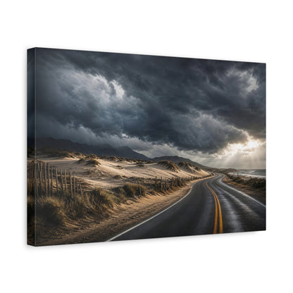 Side Mockup 4. Cinematic Landscape Artwork Old Road Near Sand Dunes In Storm Clouds shown as stretched canvas wall art