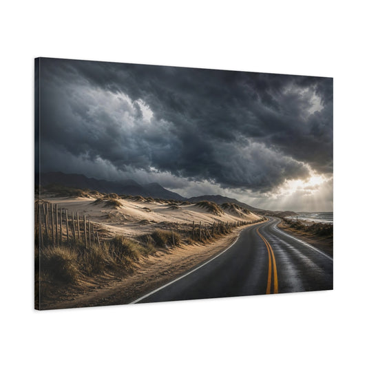 Main Mockup. Cinematic Landscape Artwork Old Road Near Sand Dunes In Storm Clouds shown as stretched canvas wall art