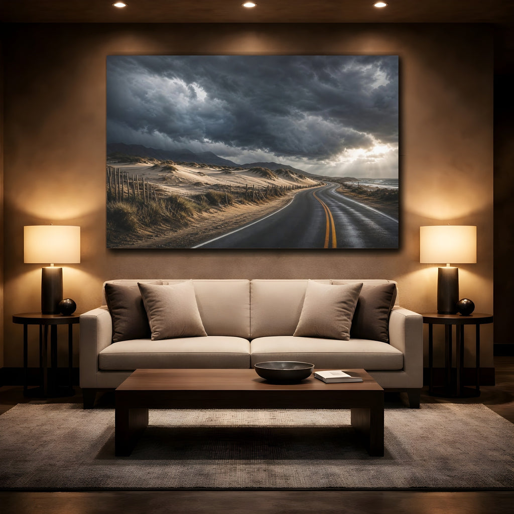 Mockup 2. Cinematic Landscape Artwork Old Road Near Sand Dunes In Storm Clouds shown as stretched canvas wall art