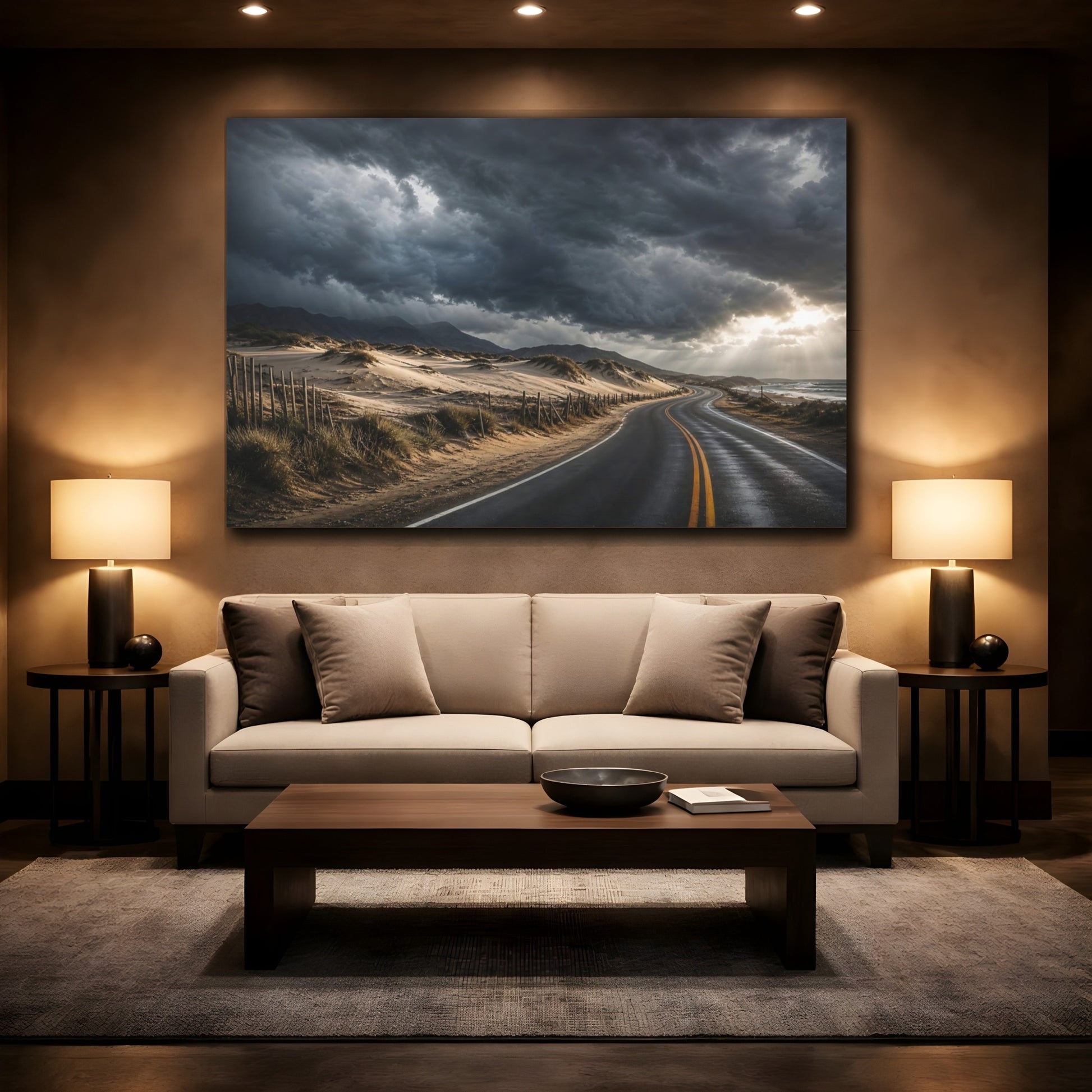 Mockup 2. Cinematic Landscape Artwork Old Road Near Sand Dunes In Storm Clouds shown as stretched canvas wall art