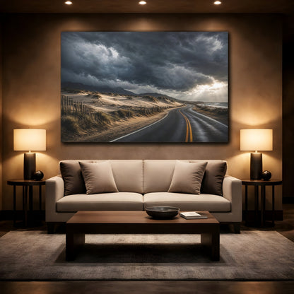 Mockup 2. Cinematic Landscape Artwork Old Road Near Sand Dunes In Storm Clouds shown as stretched canvas wall art