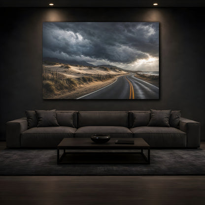 Mockup 3. Cinematic Landscape Artwork Old Road Near Sand Dunes In Storm Clouds shown as stretched canvas wall art