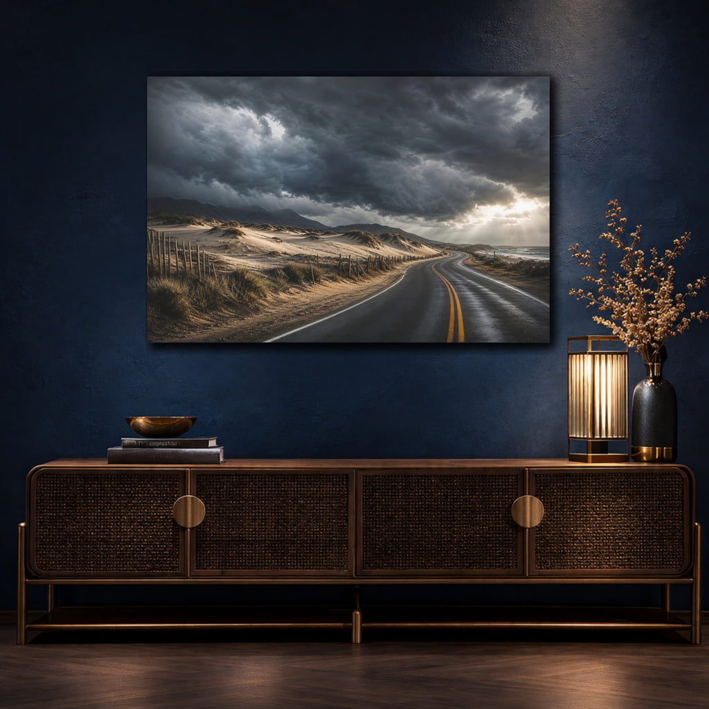 Mockup 4. Cinematic Landscape Artwork Old Road Near Sand Dunes In Storm Clouds shown as stretched canvas wall art