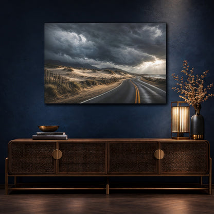 Mockup 4. Cinematic Landscape Artwork Old Road Near Sand Dunes In Storm Clouds shown as stretched canvas wall art