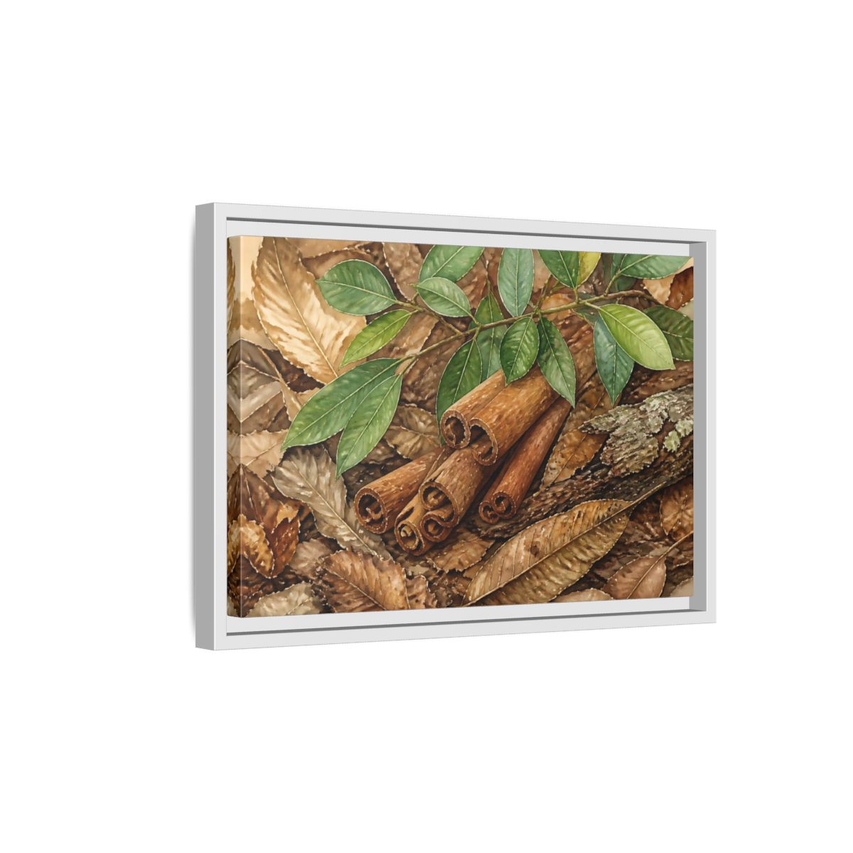 Side Mockup 4. Cinnamon Bark And Leaves shown as framed canvas print