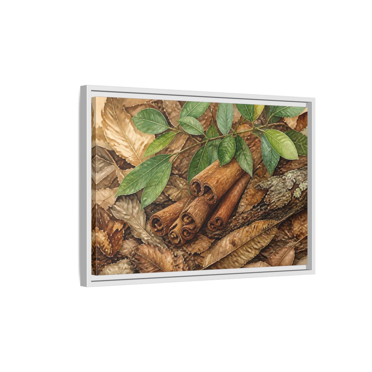 Side Mockup 1. Cinnamon Bark And Leaves shown as framed canvas print