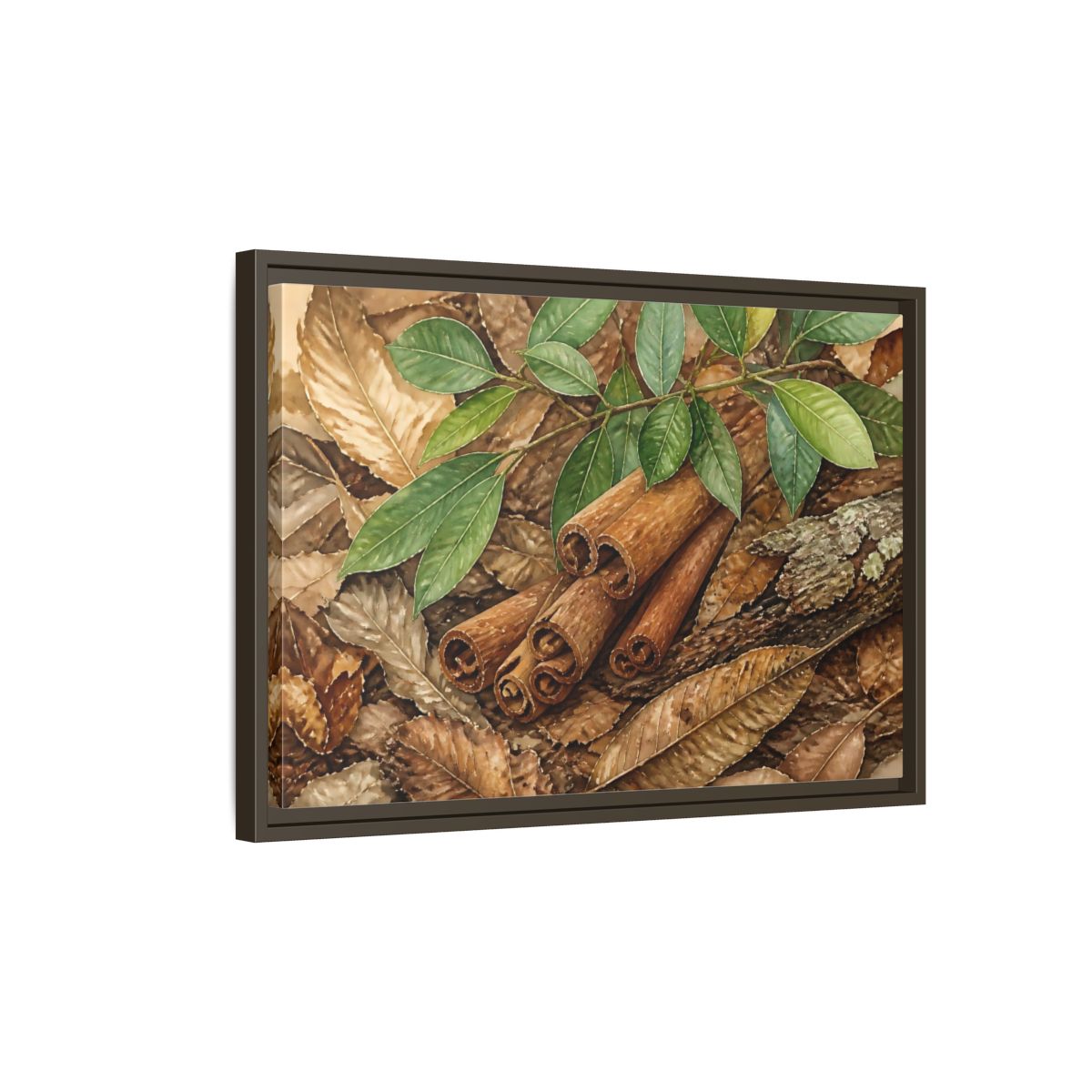 Side Mockup 2. Cinnamon Bark And Leaves shown as framed canvas print
