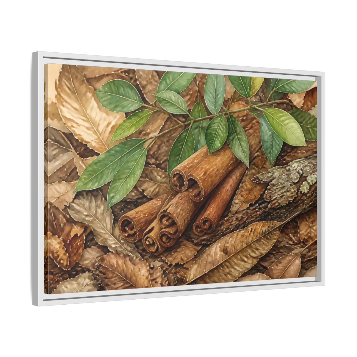 Side Mockup 10. Cinnamon Bark And Leaves shown as framed canvas print