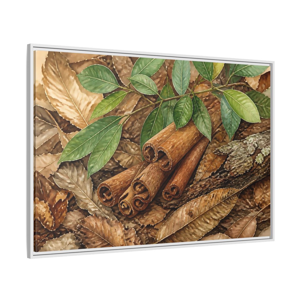 Side Mockup 7. Cinnamon Bark And Leaves shown as framed canvas print