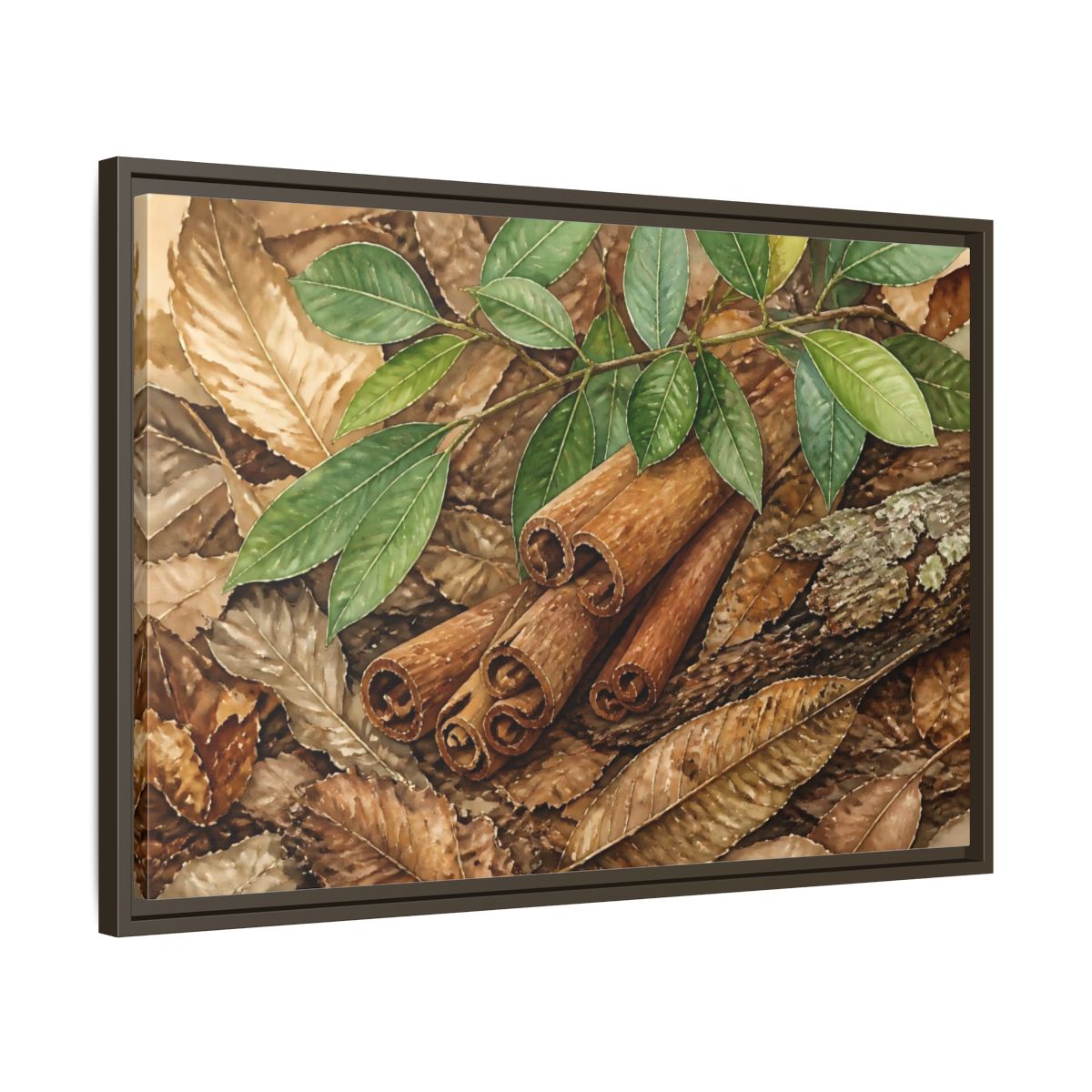 Side Mockup 11. Cinnamon Bark And Leaves shown as framed canvas print
