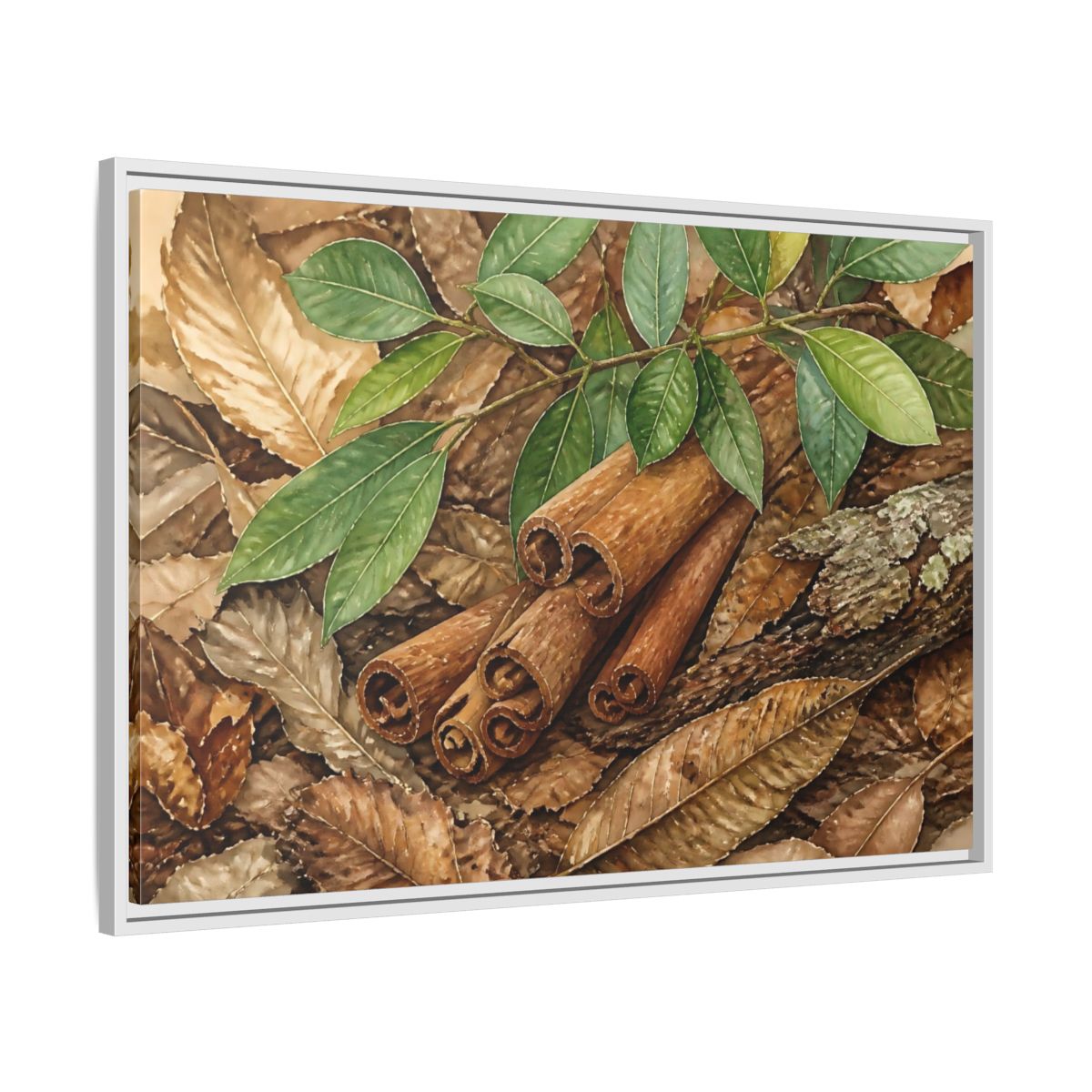 Side Mockup 9. Cinnamon Bark And Leaves shown as framed canvas print