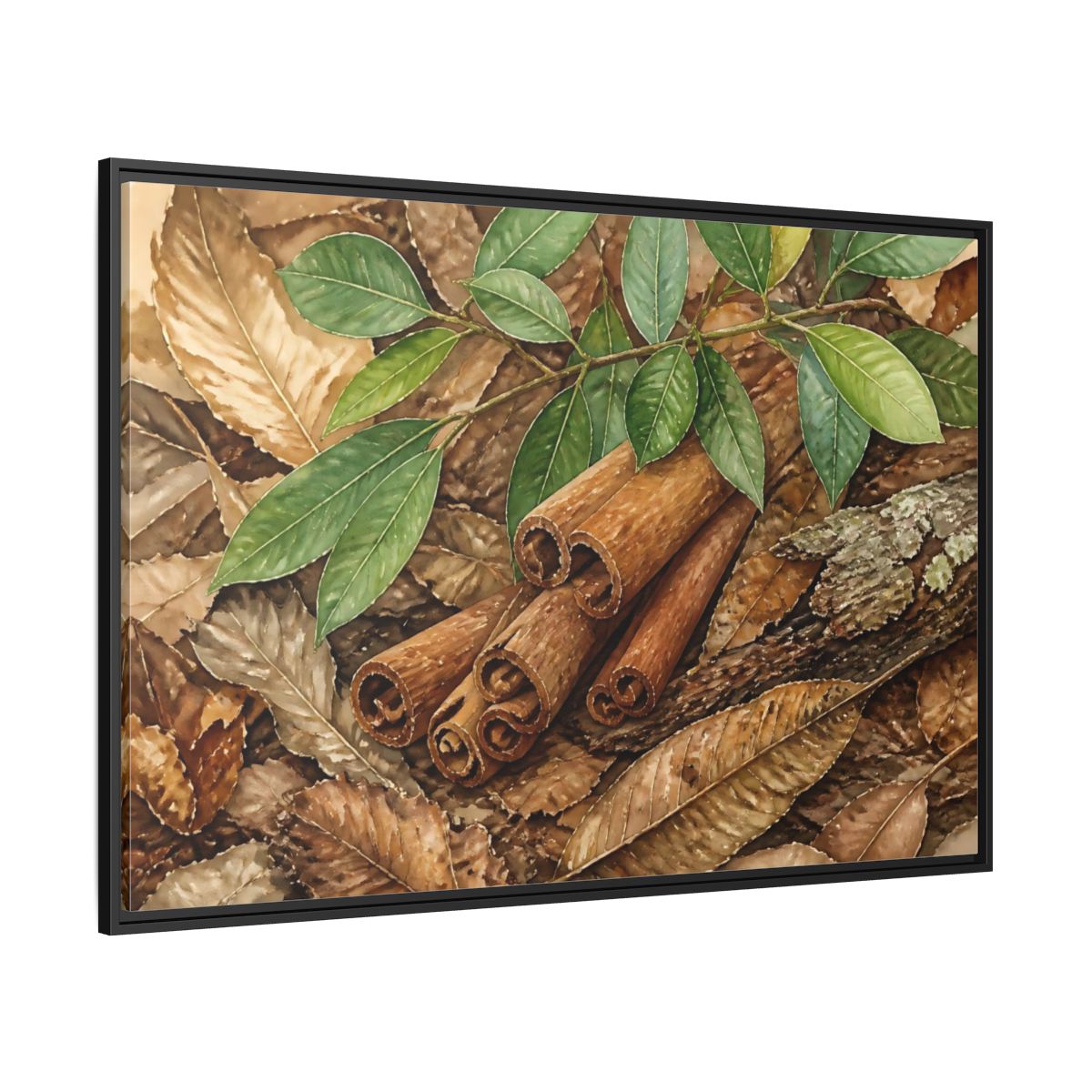 Side Mockup 12. Cinnamon Bark And Leaves shown as framed canvas print