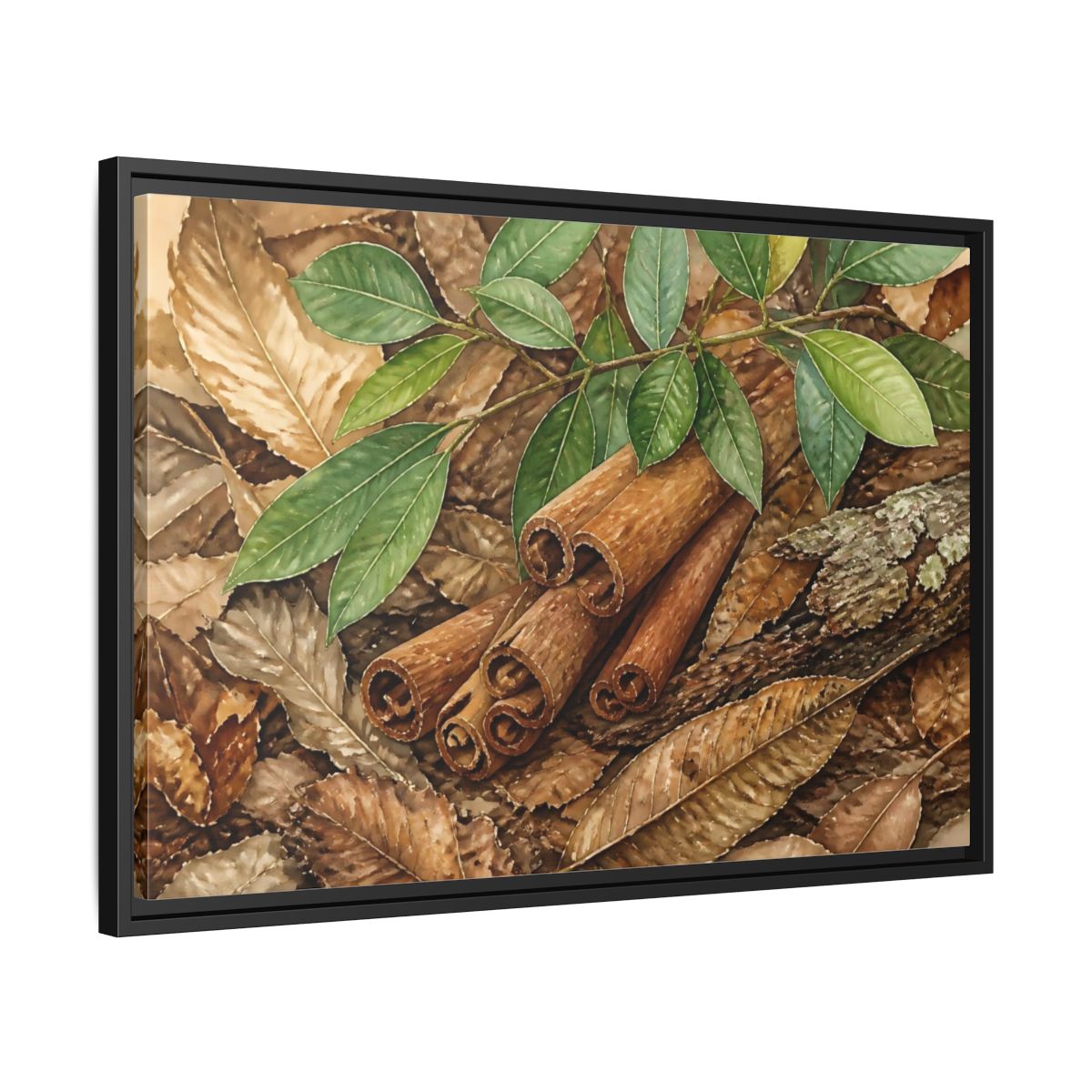 Side Mockup 14. Cinnamon Bark And Leaves shown as framed canvas print