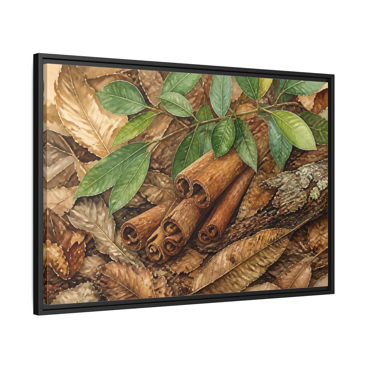 Side Mockup 13. Cinnamon Bark And Leaves shown as framed canvas print