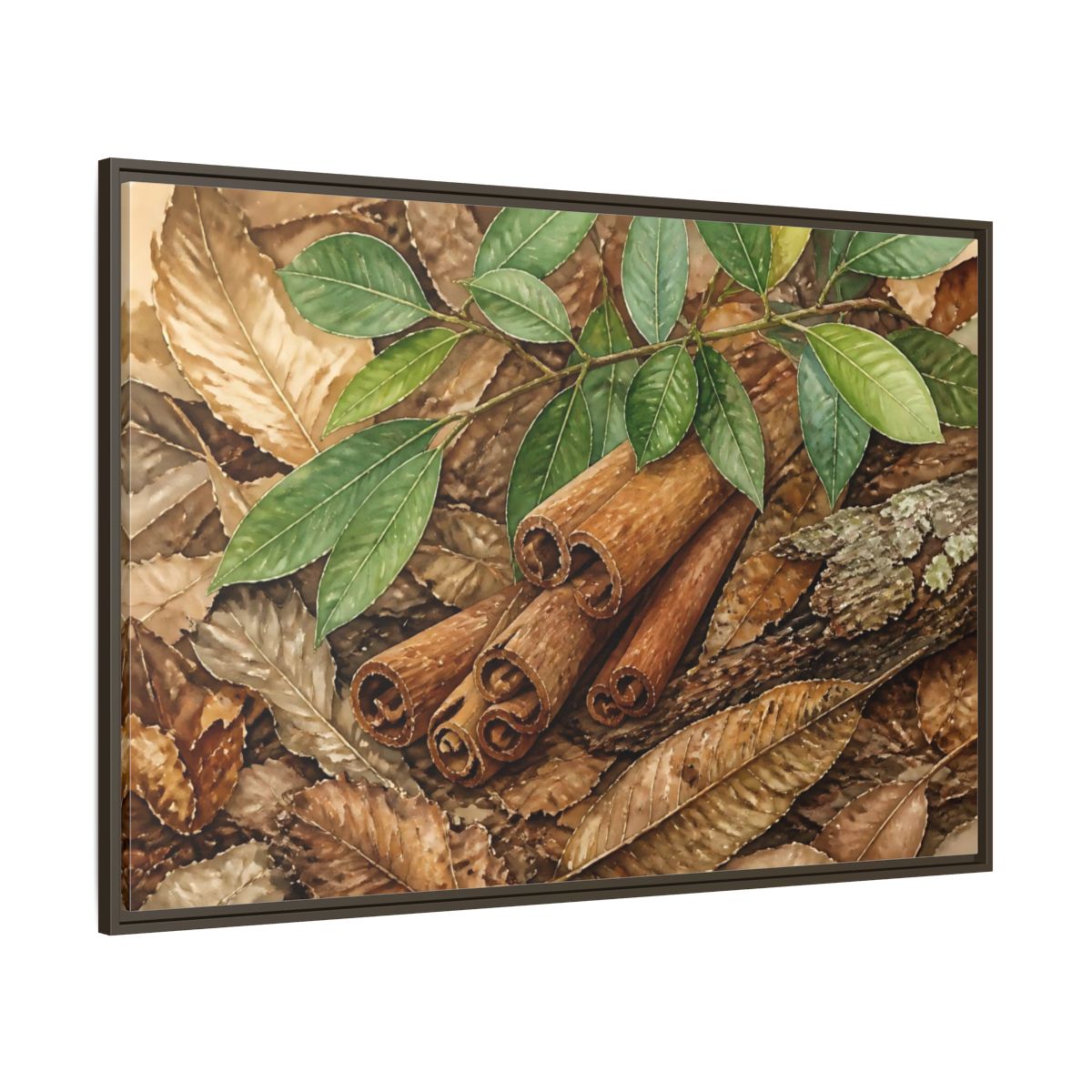 Side Mockup 8. Cinnamon Bark And Leaves shown as framed canvas print