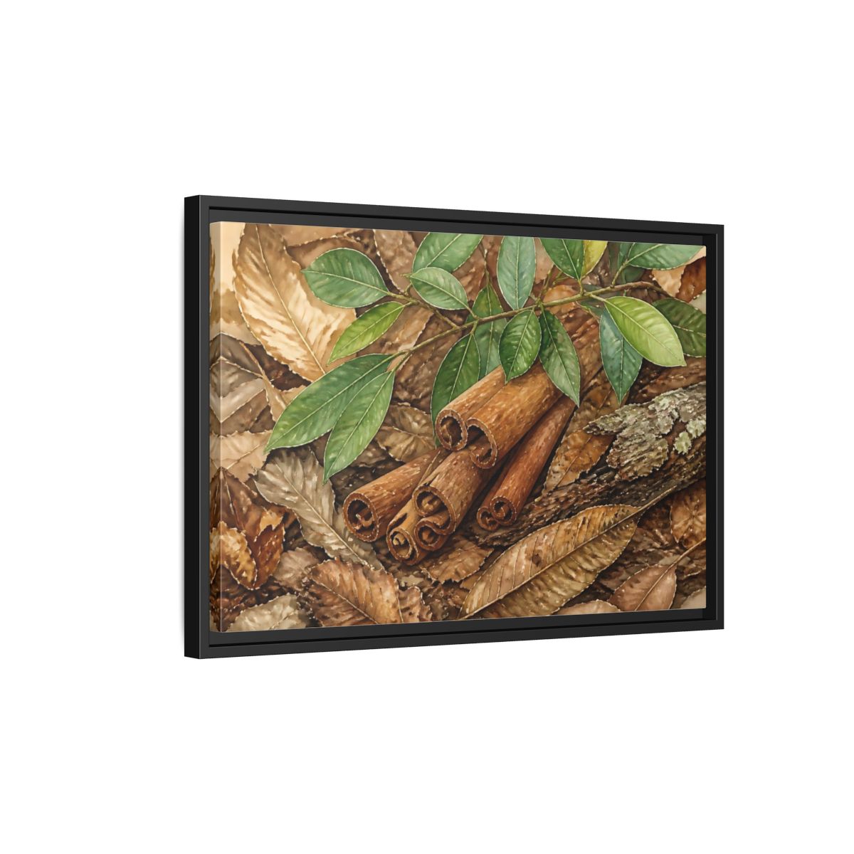 Side Mockup 3. Cinnamon Bark And Leaves shown as framed canvas print