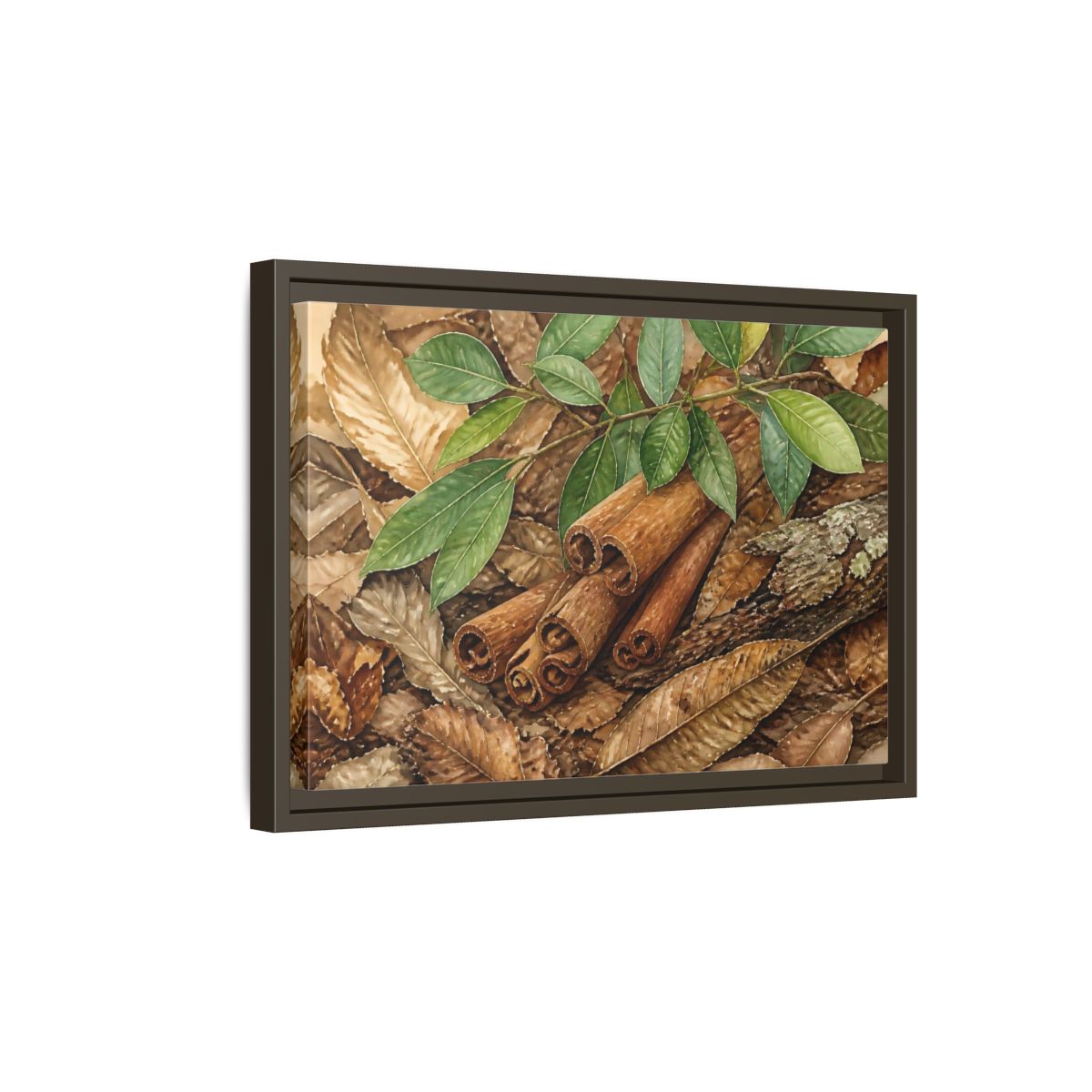 Side Mockup 5. Cinnamon Bark And Leaves shown as framed canvas print